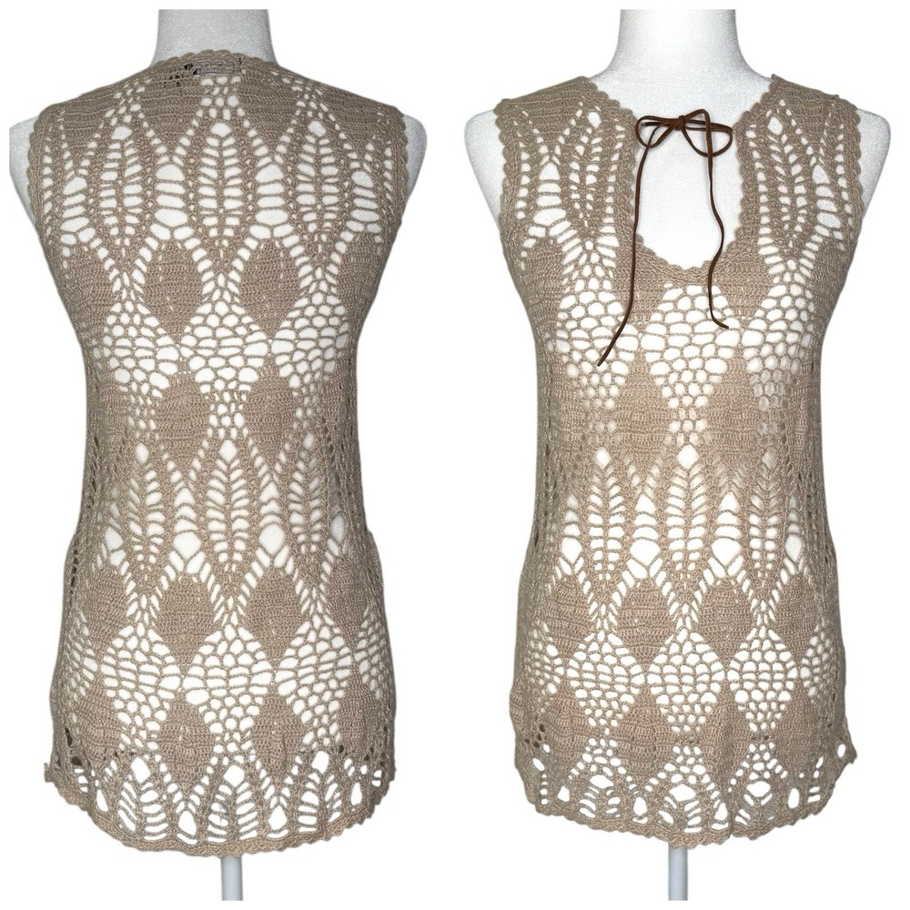 Y2K Vintage Wet Seal Tank Top L‎ Boho Crochet Bow Tie Tunic Beachy Cover Shirt